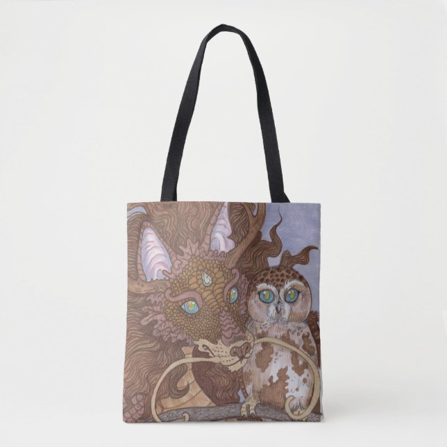 Bright Eyes Owl and Dragon Tote Bag (Front)