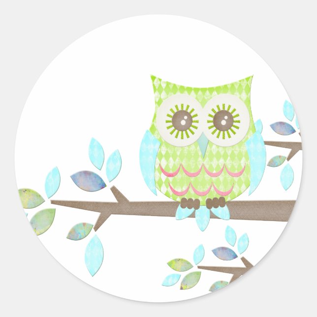 Bright Eyes Owl in Tree Classic Round Sticker (Front)