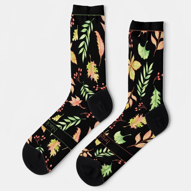 Bright Fall Leaves and Text on Black Socks (Left)
