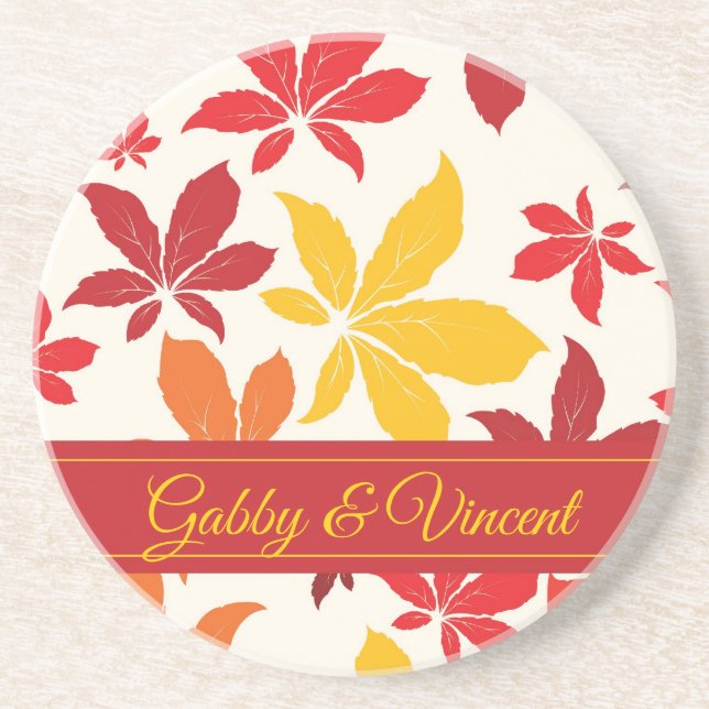 Bright Fall Leaves Wedding Sandstone Coaster (Front)