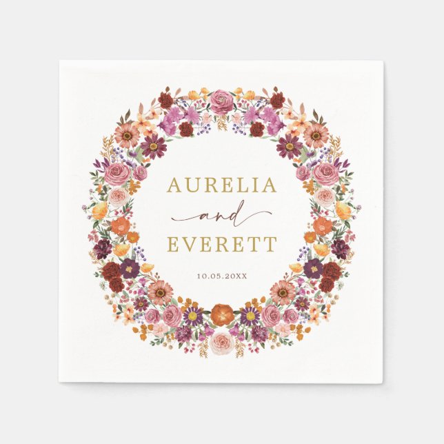 Bright Fall Wildflower Garden Wreath Wedding Napkins (Front)