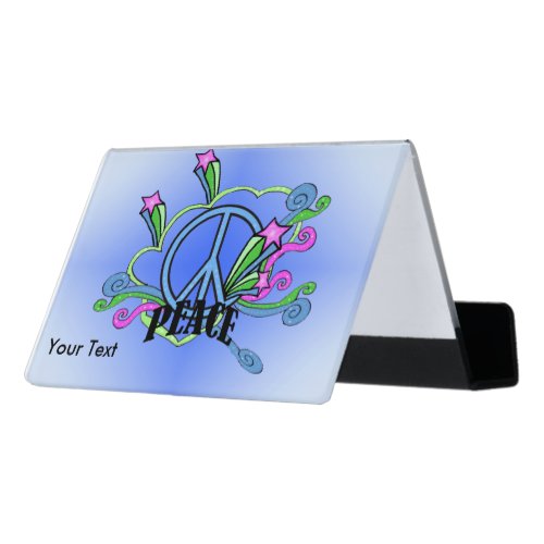 Bright Fancy Peace Sign Decorated With Swirls Star Desk Business Card Holder