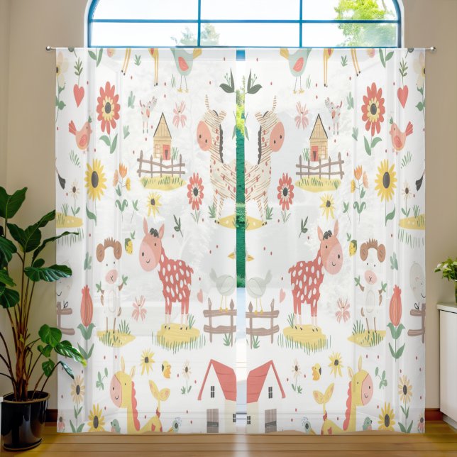 Bright farm animals and flowers sheer curtains (Living Room)