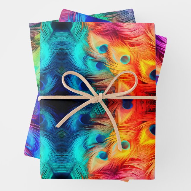 Bright Feather Jewel Tone Wrapping Paper Sheets (In situ)
