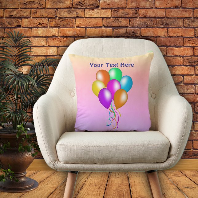 Bright Festive Balloons with Ribbons on Pastels Throw Pillow (Bright multiple coloured balloons ribbons on pastel yellow, pink, purple decorative throw pillow.)