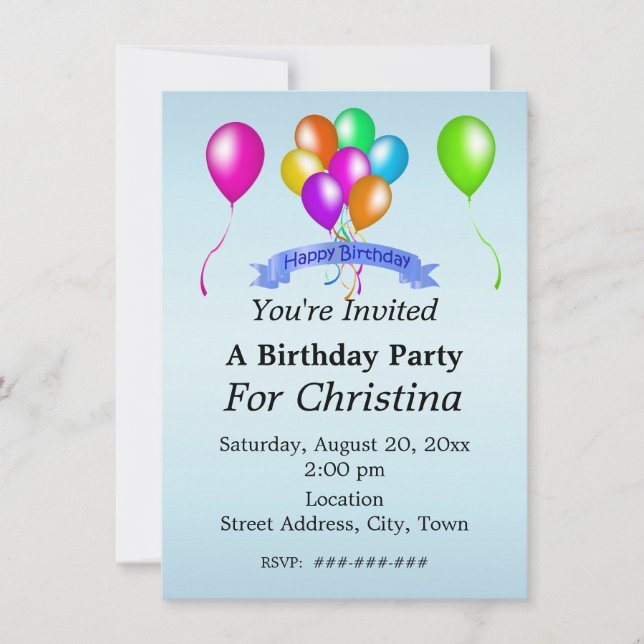 Bright Festive Birthday Balloons Banner Blue Invitation (Front)