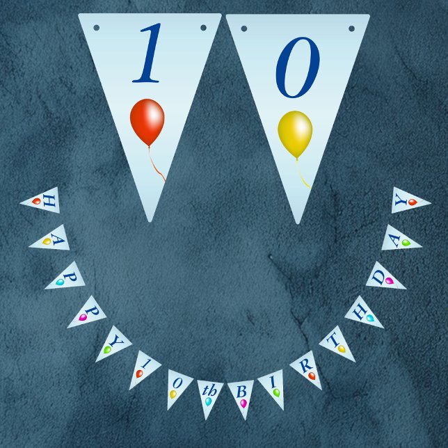Bright Festive Happy Birthday Balloons on Blue Bunting Flags (Blue bunting flag Happy Birthday banner decoration with bright colourful balloons for parties.)