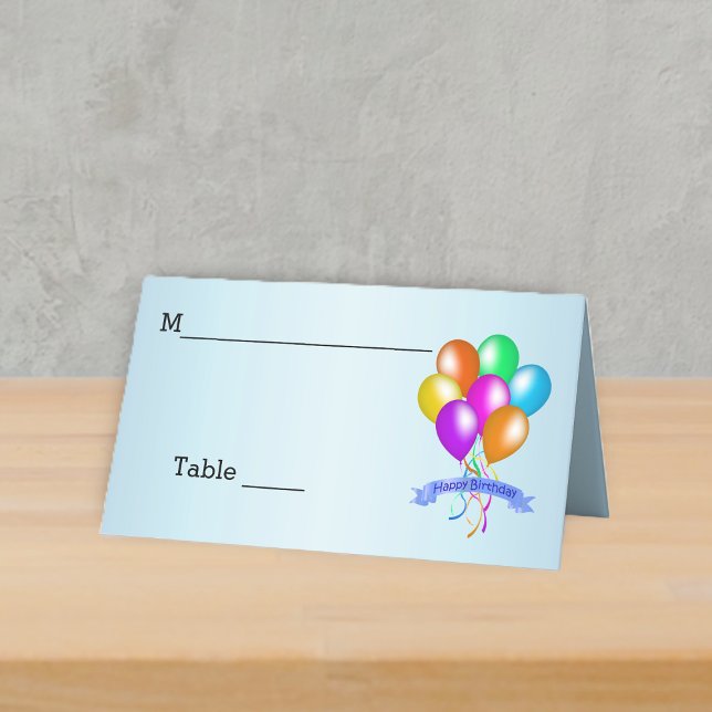 Bright Festive Happy Birthday Balloons Streamers Place Card (Bunch of brightly coloured balloons Happy Birthday banner on light blue table place card.)