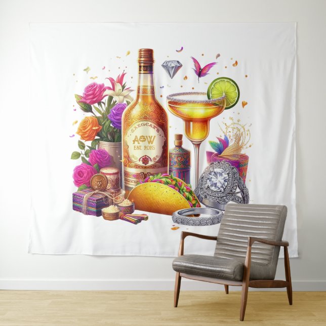 Bright Fiesta Floral Taco & Tequila Wedding Decor Tapestry (In Situ (Horizontal))