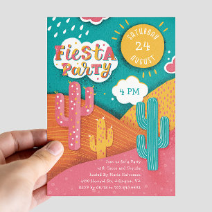 Bright Fiesta Party. Cactus tacos and tequila Invitation