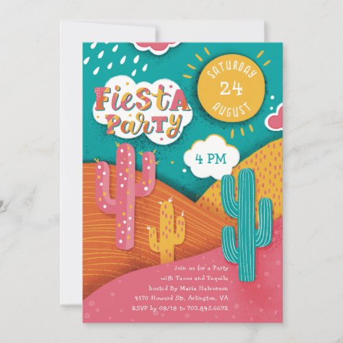 Bright Fiesta Party Cactus tacos and tequila Invitation
