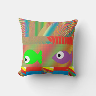 Bright Fish Tank Illustration Colorful Fun Aquatic Throw Pillow