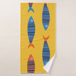 Bright fishes seamless pattern. Seaside hand drawn Bath Towel