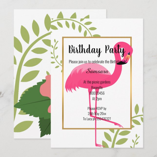 BRIGHT FLAMINGO BOTANICAL WHITE PINK GOLD INVITATION (Front/Back)