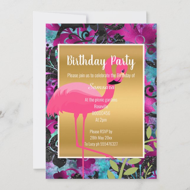 BRIGHT FLAMINGO HAWAIIAN FLORAL GOLD INVITATION (Front)