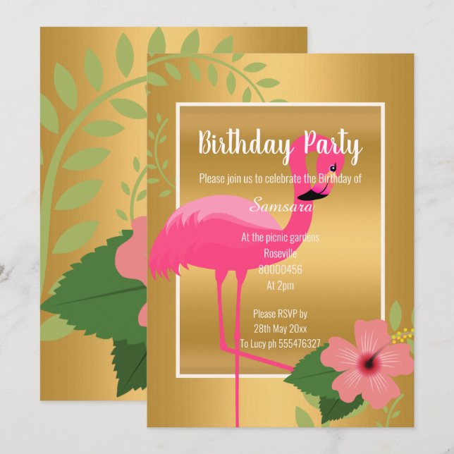 BRIGHT FLAMINGO HIBISCUS BLACK WHITE GOLD INVITATION (Front/Back)