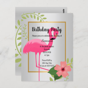 BRIGHT FLAMINGO HIBISCUS SILVER GOLD BIRTHDAY INV POSTCARD