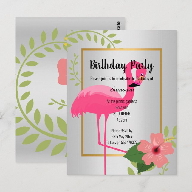 BRIGHT FLAMINGO HIBISCUS SILVER GOLD BIRTHDAY  INV POSTCARD (Front/Back)