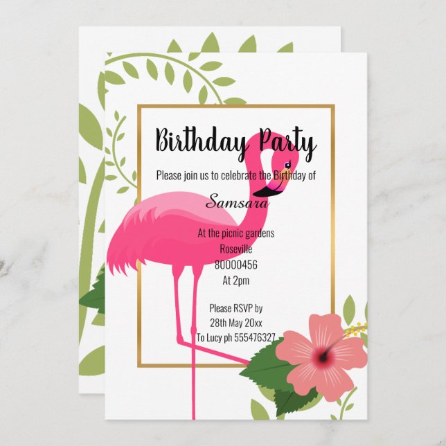 BRIGHT FLAMINGO HIBISCUS WHITE PINK GOLD INVITATION (Front/Back)