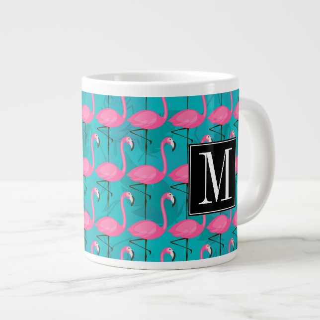 Bright Flamingo Pattern | Add Your Initial Giant Coffee Mug (Front Right)