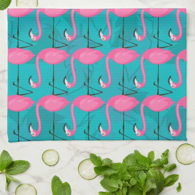 Bright Flamingo Pattern | Add Your Initial Kitchen Towel (Folded)