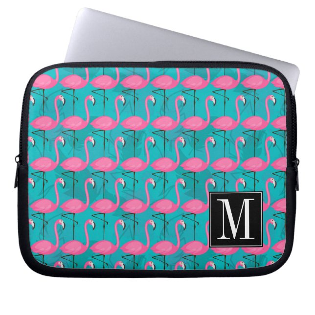 Bright Flamingo Pattern | Add Your Initial Laptop Sleeve (Front)