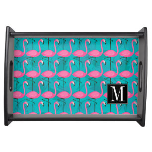 Bright Flamingo Pattern Add Your Initial Serving Tray