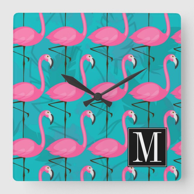 Bright Flamingo Pattern | Add Your Initial Square Wall Clock (Front)
