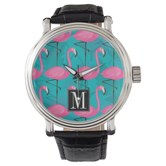 Bright Flamingo Pattern | Add Your Initial Watch (Front)