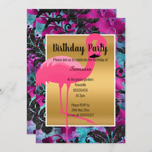 BRIGHT FLAMINGO TROPICAL FLORAL INVITATION (Front/Back)
