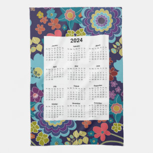 Bright floral 2024 monthly Calendar tea towel
