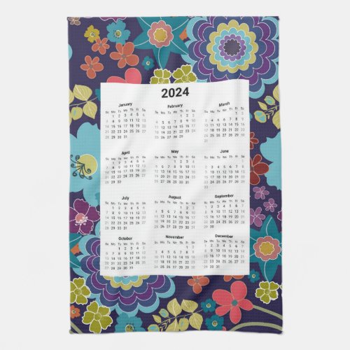 Bright floral 2024 monthly Calendar tea towel