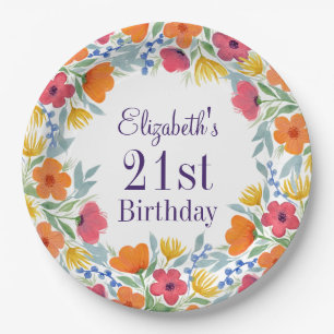 Bright Floral 21st Birthday Paper Plates