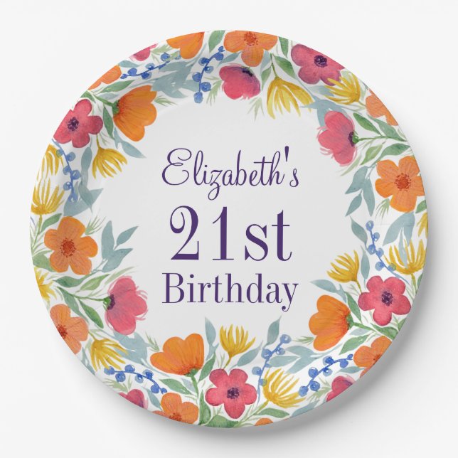 Bright Floral 21st Birthday  Paper Plates (Front)