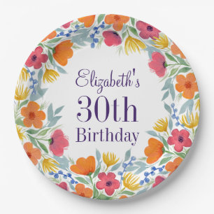 Bright Floral 30th Birthday  Paper Plates