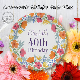 Bright Floral 40th Birthday  Paper Plates