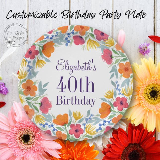 Bright Floral 40th Birthday  Paper Plates (Creator Uploaded)