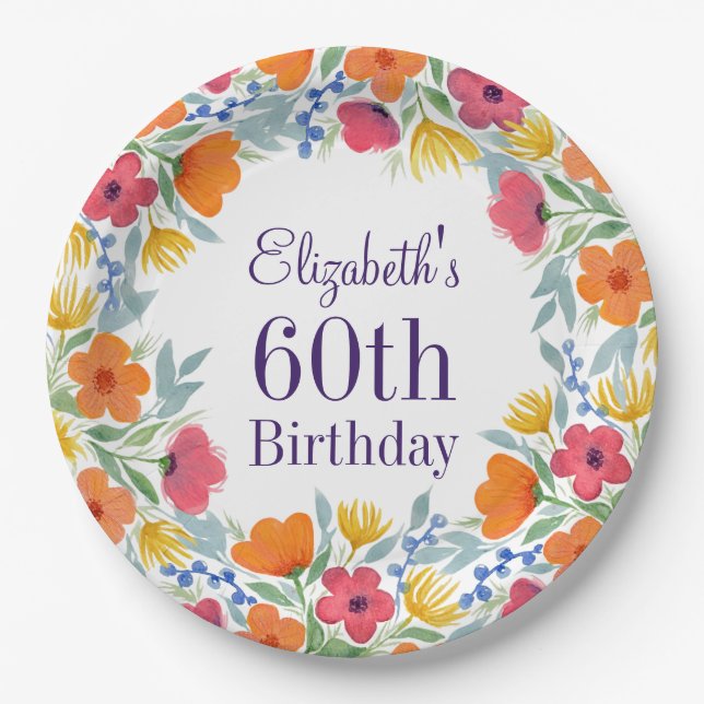 Bright Floral 60th Birthday  Paper Plates (Front)