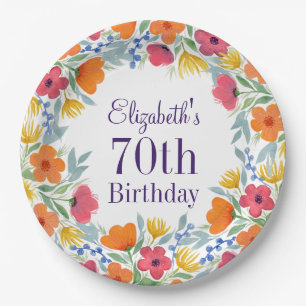 Bright Floral 70th Birthday  Paper Plates