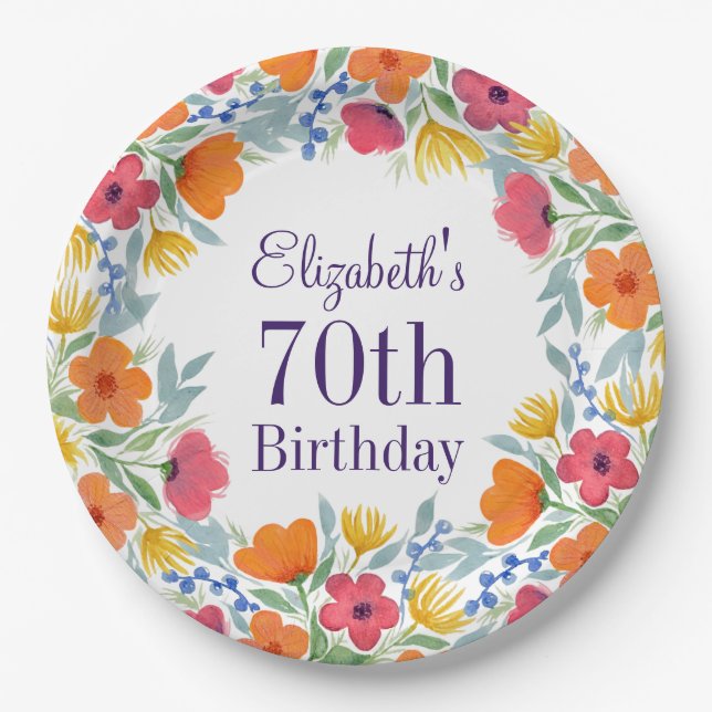 Bright Floral 70th Birthday  Paper Plates (Front)
