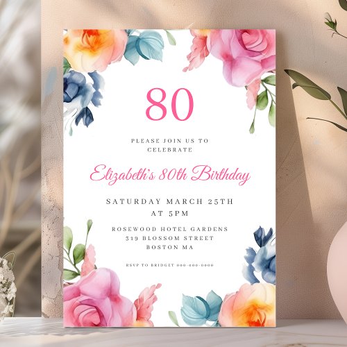 Bright Floral 80th Birthday Invitation