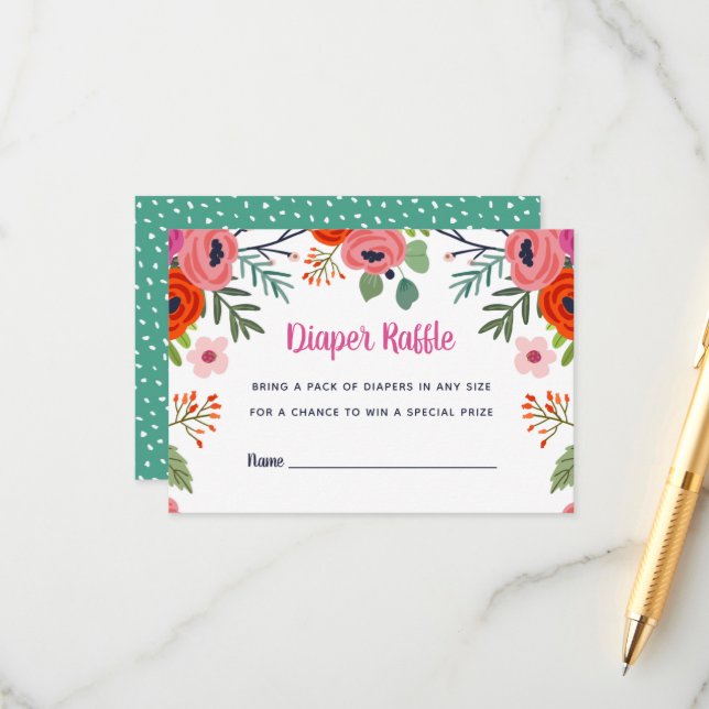 Bright Floral Baby Shower Diaper Raffle Card (Front/Back In Situ)