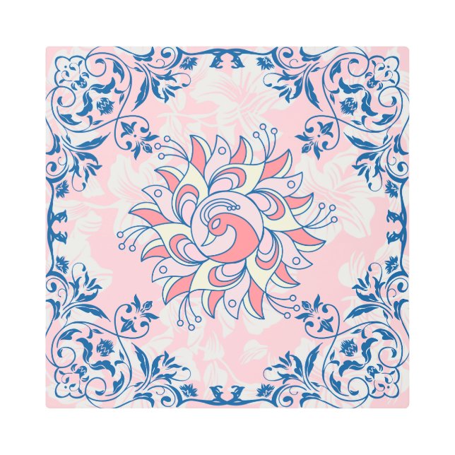 Bright Floral Beauty, Pink and White Rangoli Metal Print (Front)
