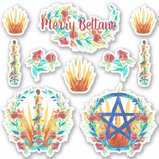 Bright Floral Beltane Fire & Maypole Pagan Kids Sticker (Front)
