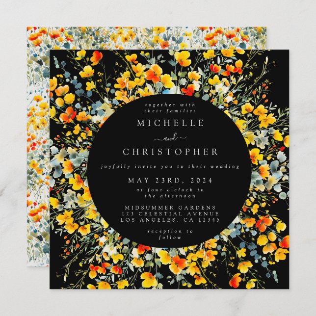 Bright Floral Black Square Wedding Invitation (Front/Back)