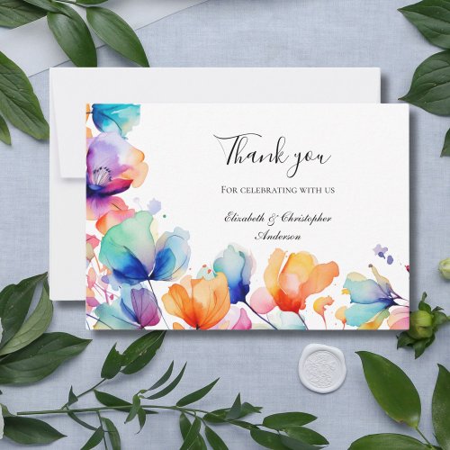 Bright Floral Blue Orange Watercolor Wedding  Thank You Card