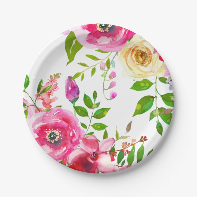 Bright Floral Bold Pink Spring Botanical Modern Paper Plates (Front)