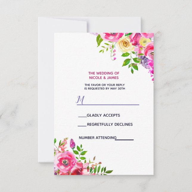 Bright Floral Bold Pink Spring Botanical RSVP Card (Front)