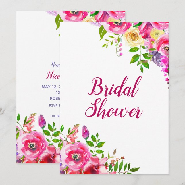 Bright Floral Bold Pink Spring Bridal Shower Invitation (Front/Back)