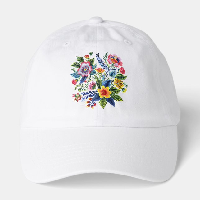 Bright Floral Bouquet Faux Yarn Embroidery Women's Hat (Front)